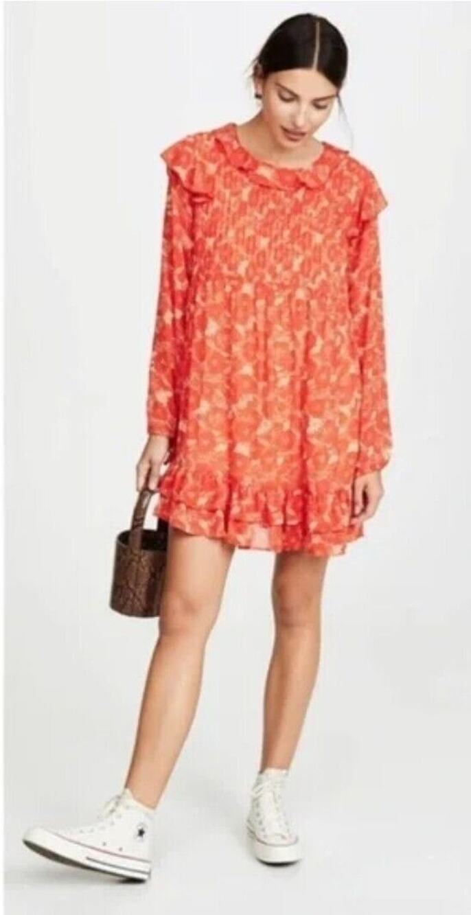FREE PEOPLE Size S Orange Cream Floral Soft Long Sleeve Mini Swing Dress Women's